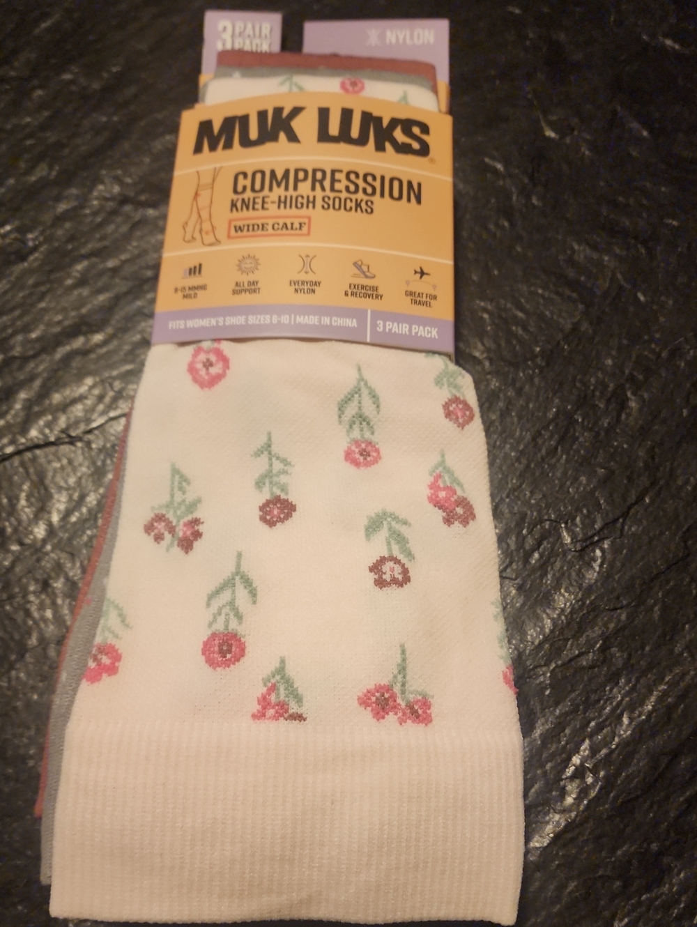 Muk Luks White Knee-High Compression Socks with Pink & Green Floral